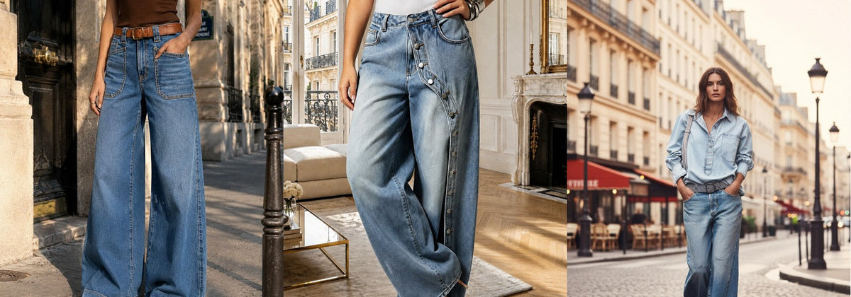 Trois coupes de jean femme : large taille haute, coupe sabre et taille basse