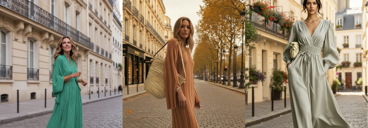 Trois robes longues portées dans des rues parisiennes en automne