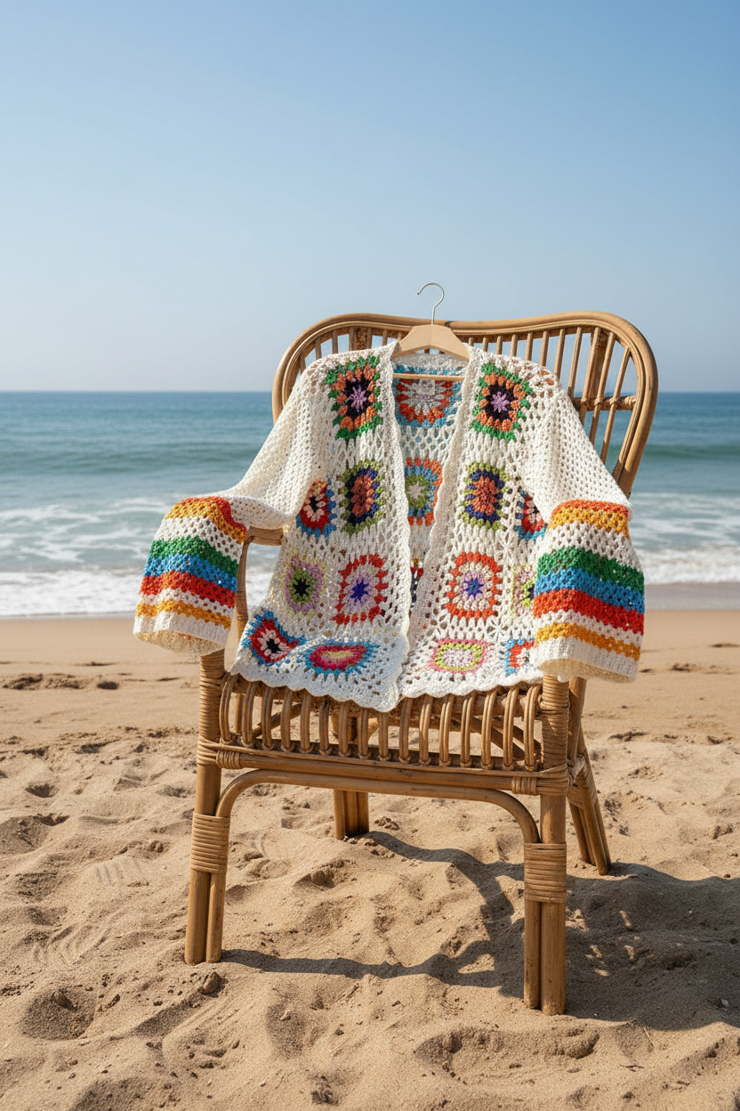 Cardigan en crochet à motif floral coloré ethnique — Vogue Française