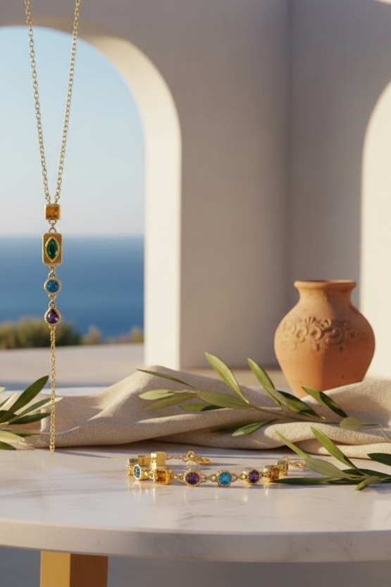Parure Héra collier & bracelet Duo ou solo en plaqué or 18 carats aux pierres divines — Vogue Française