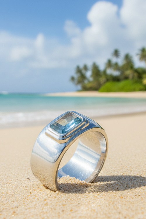 Bague Calypsa en argent 925 rhodié miroir & pierre bleue une pièce couture minimaliste au — Vogue Française