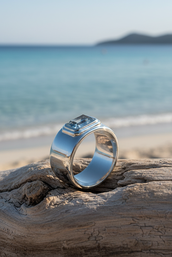 Bague Calypsa en argent 925 rhodié miroir & pierre bleue une pièce couture minimaliste au — Vogue Française