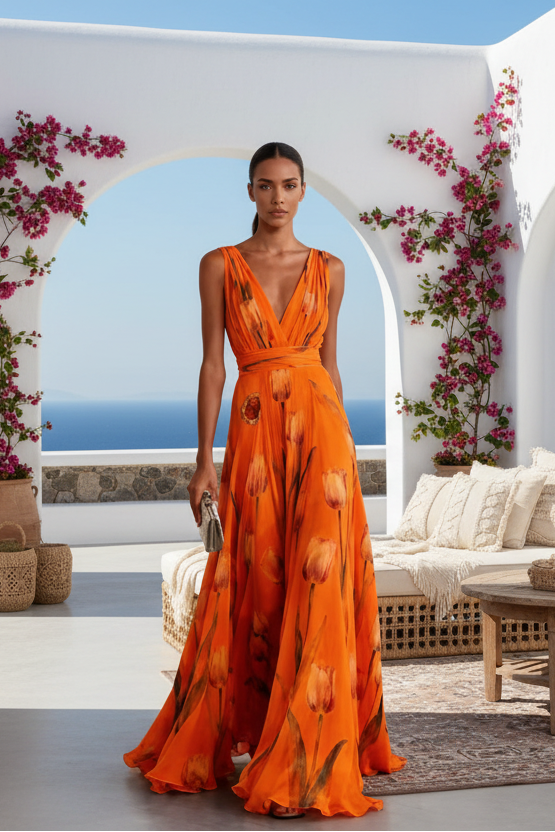 Robe de cocktail longue vaporeuse à imprimé tulipes — Vogue Française