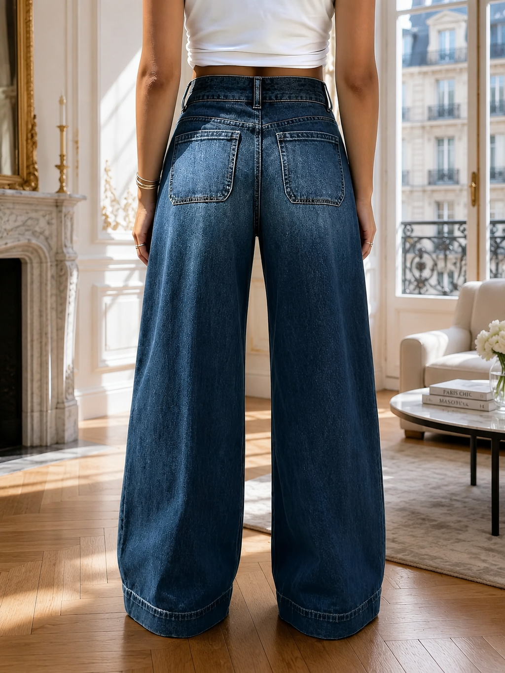 Jean large taille haute – L’allure parisienne effortless  Le jean qui allonge la silhouette et donne immédiatement du style.