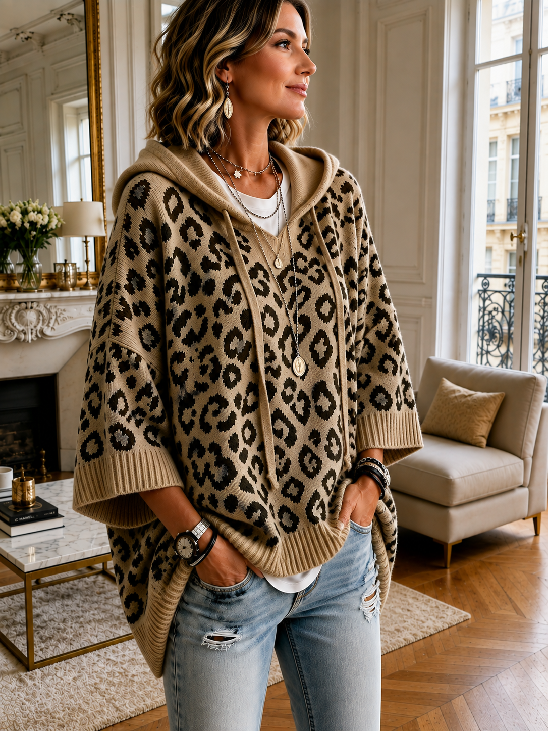 Pull Poncho Léopard à Capuche – Maille Jacquard Bohème