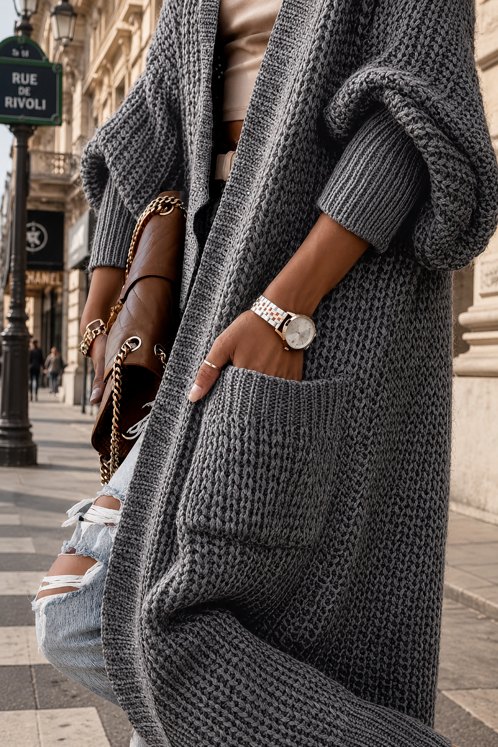 Cardigan long Rivoli en maille oversize, à poches