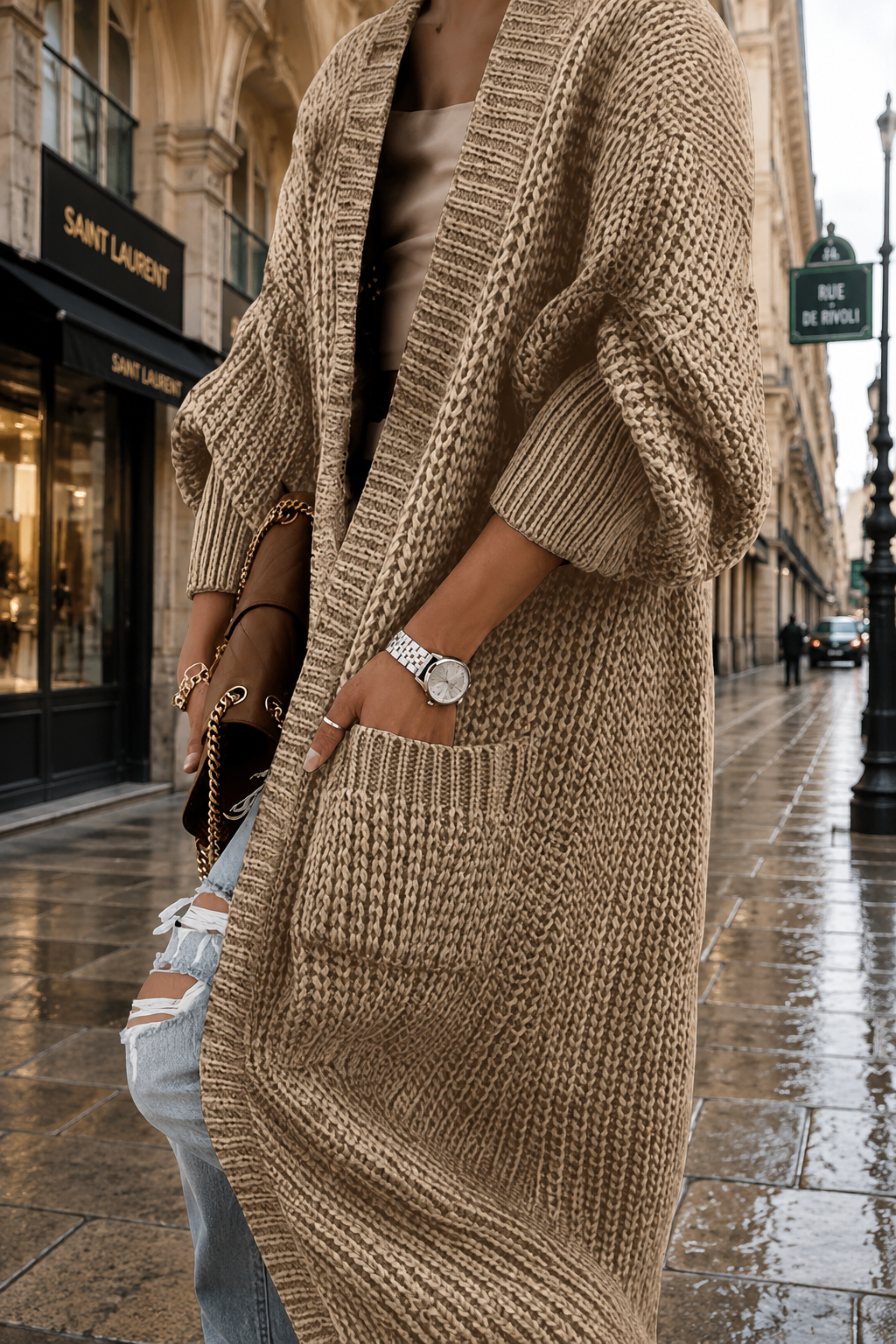 Cardigan long Rivoli en maille oversize, à poches