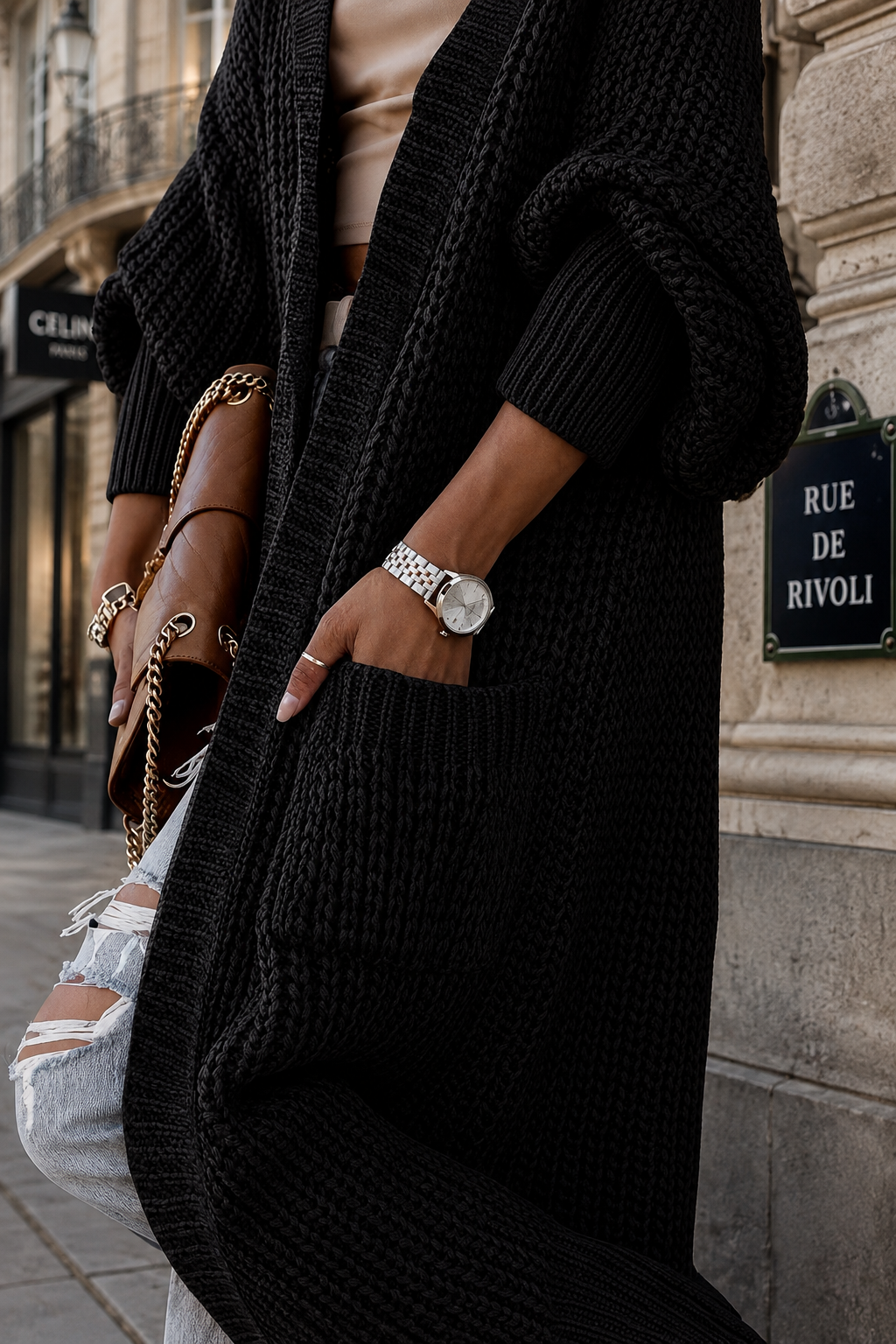 Cardigan long Rivoli en maille oversize, à poches