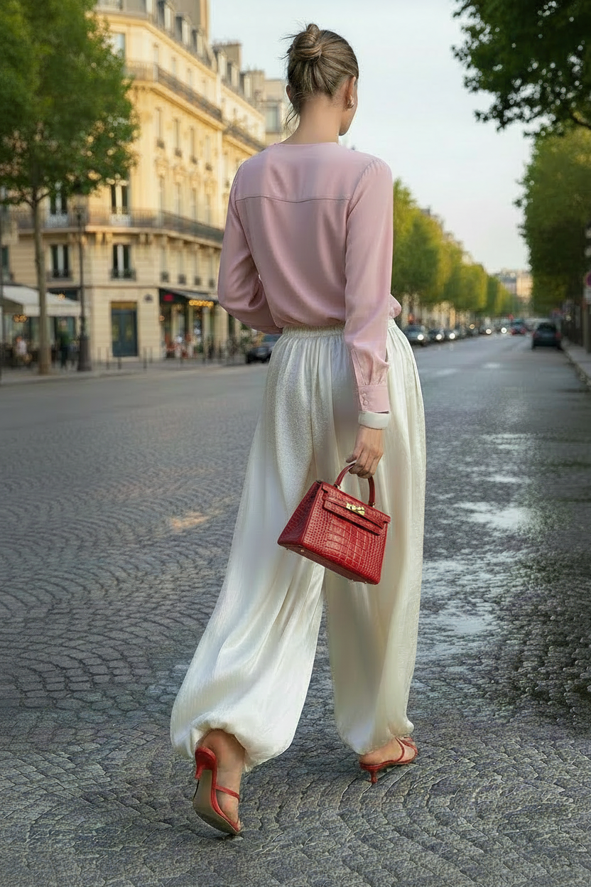 Pantalon lumineux satiné ivoire — Vogue Française