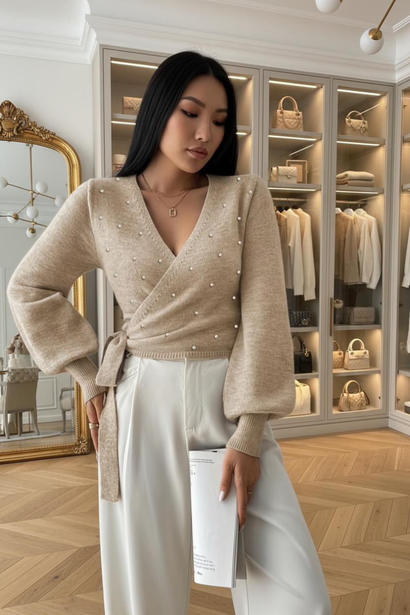 Pull Perles Vendôme – Col V, Détails Perlés et Laçage Élégant