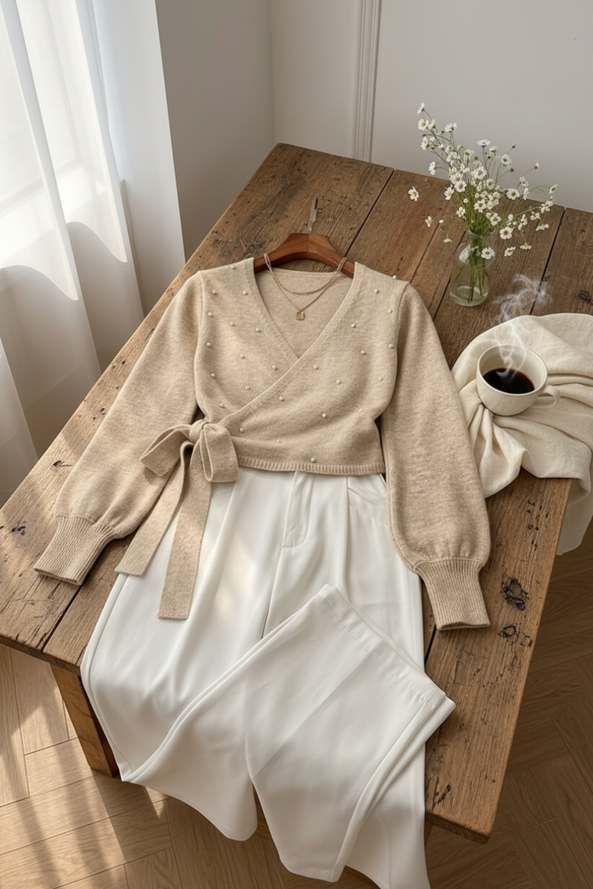 Pull Perles Vendôme – Col V, Détails Perlés et Laçage Élégant