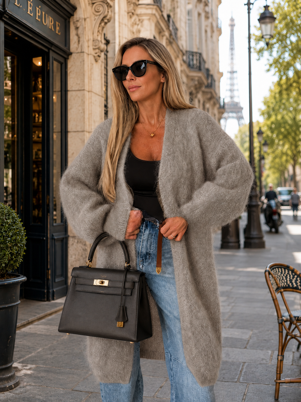 Cardigan Long grège Montaigne Élégance Parisienne – Maille Douce, Coupe Ample et Chic