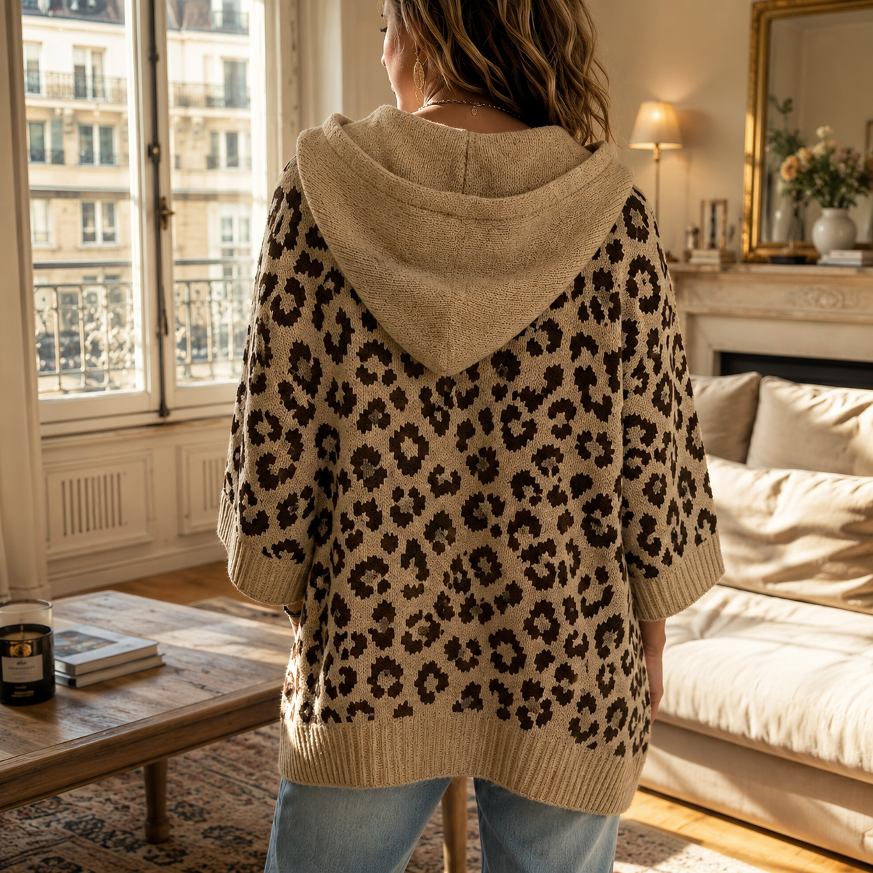 Pull Poncho Léopard à Capuche – Maille Jacquard Bohème