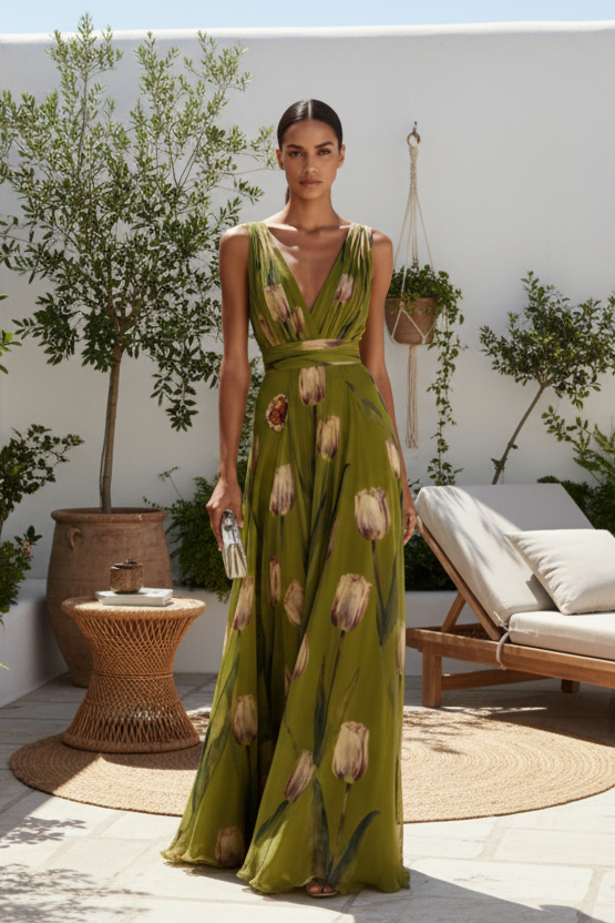 Robe de cocktail longue vaporeuse à imprimé tulipes — Vogue Française