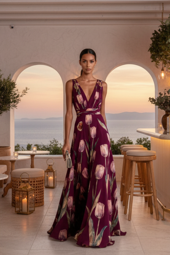 Robe de cocktail longue vaporeuse à imprimé tulipes — Vogue Française