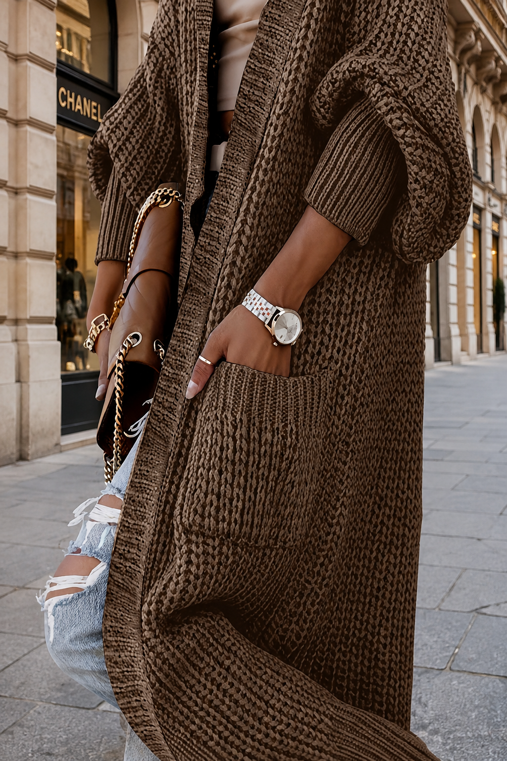 Cardigan long Rivoli en maille oversize, à poches